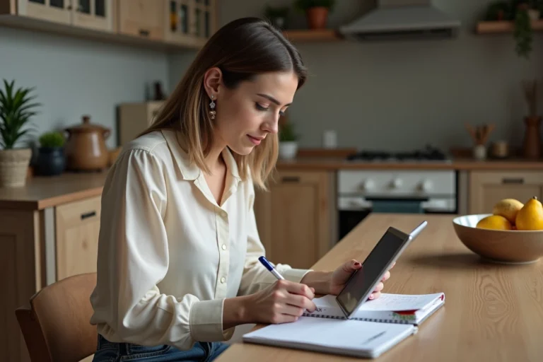 Femme concentrée utilisant une tablette à la maison