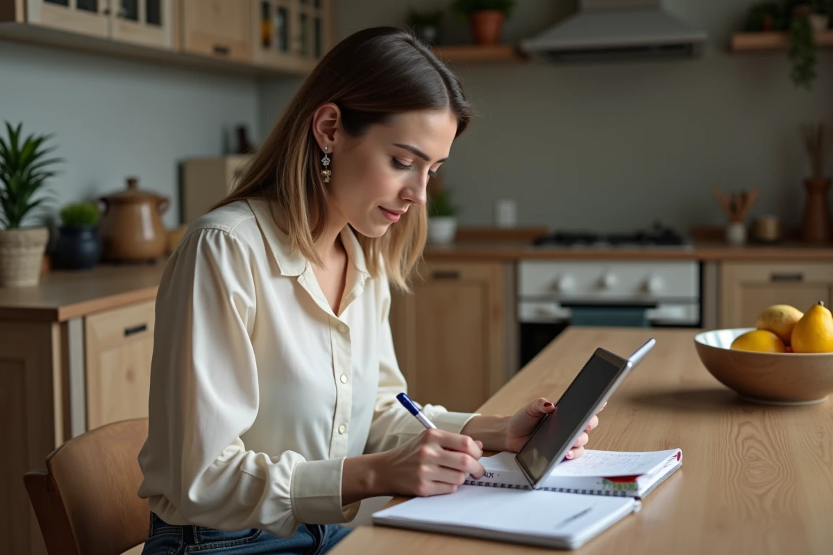 Femme concentrée utilisant une tablette à la maison