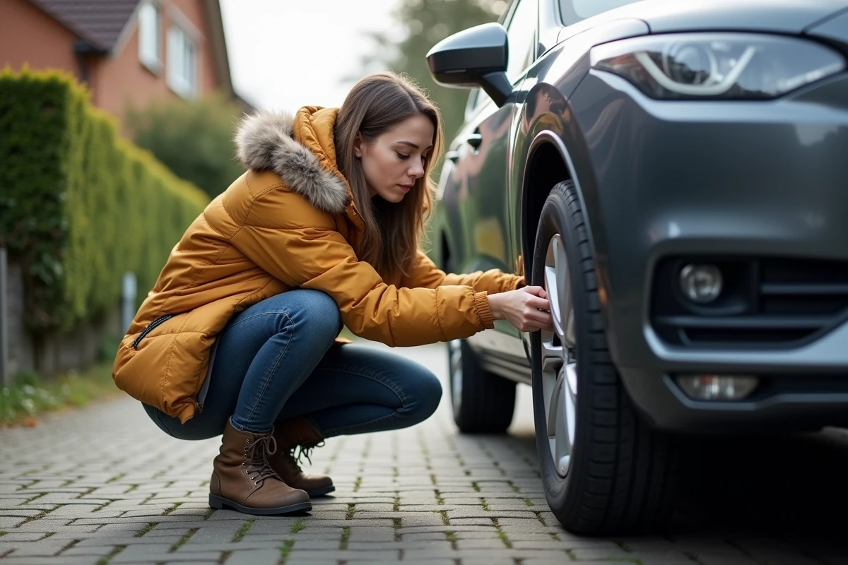 Jeune femme examinant un pneu de voiture dans une cour de banlieue
