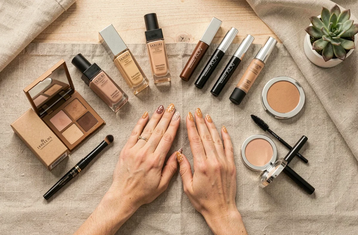 Flatlay de produits de maquillage tendance sur une surface en lin avec des mains manucurées arrangeant la mise en scène