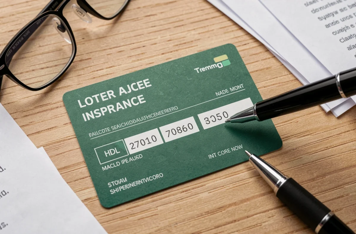 Gros plan d'une carte verte d'assurance automobile posée sur un bureau avec stylo et lunettes pour repérer le numéro