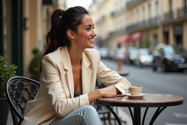 Femme élégante souriante à une terrasse de café parisien, illustrant une histoire d'amour et de vie de couple