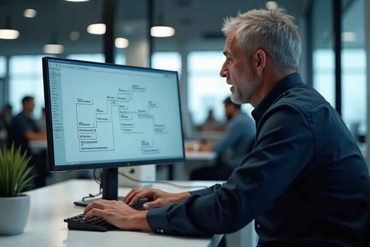 Homme d'affaires analysant une visualisation de sitemap sur un grand écran dans un bureau moderne en open space
