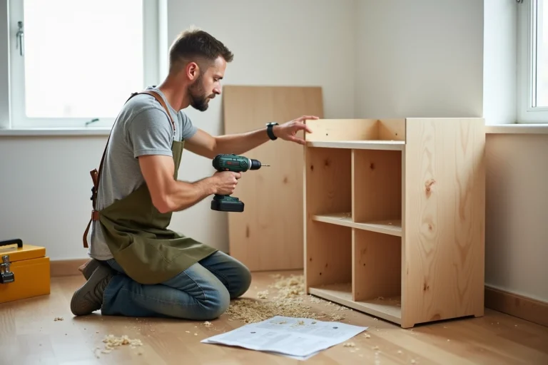Homme bricoleur assemblant un meuble en bois avec une perceuse sans fil dans un salon