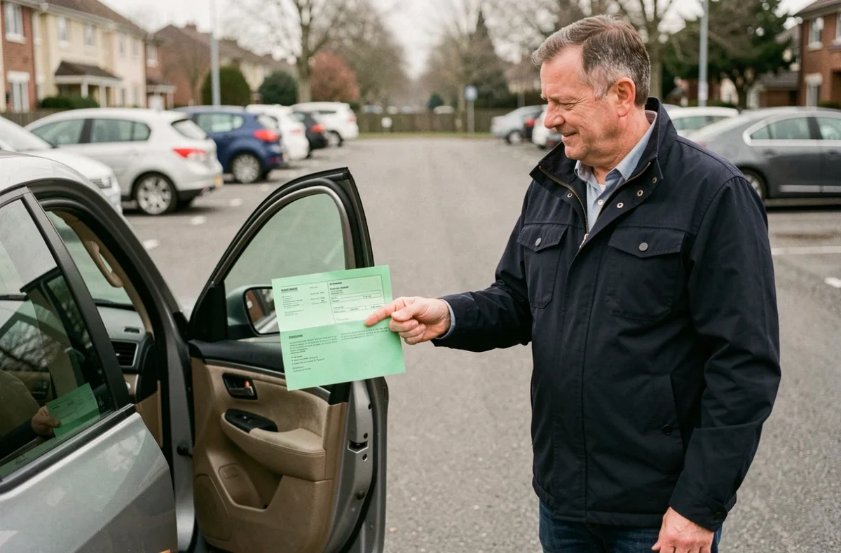 Homme consultant sa carte verte d'assurance auto à côté de son véhicule dans un parking