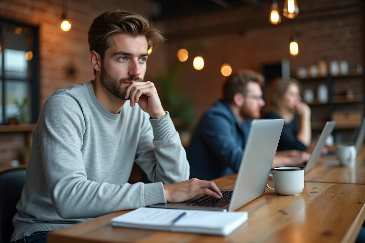 Homme en coworking utilisant un ordinateur portable pour explorer des ressources de recherche d'emploi en ligne