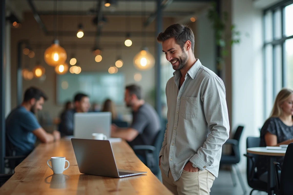 Homme souriant travaillant sur son ordinateur au coworking
