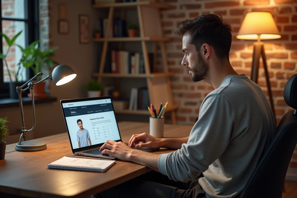 Homme consultant un guide des tailles sur Zalando depuis son ordinateur portable à domicile