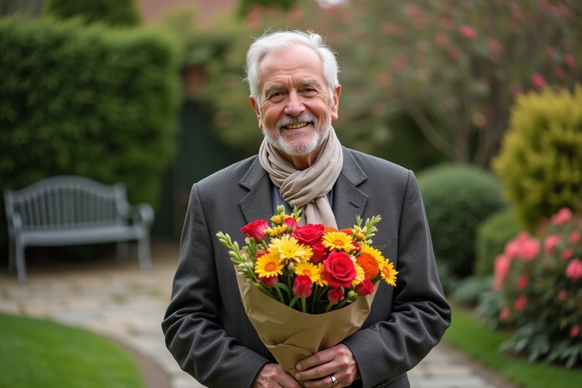 Homme âgé tenant un bouquet dans un jardin fleuri