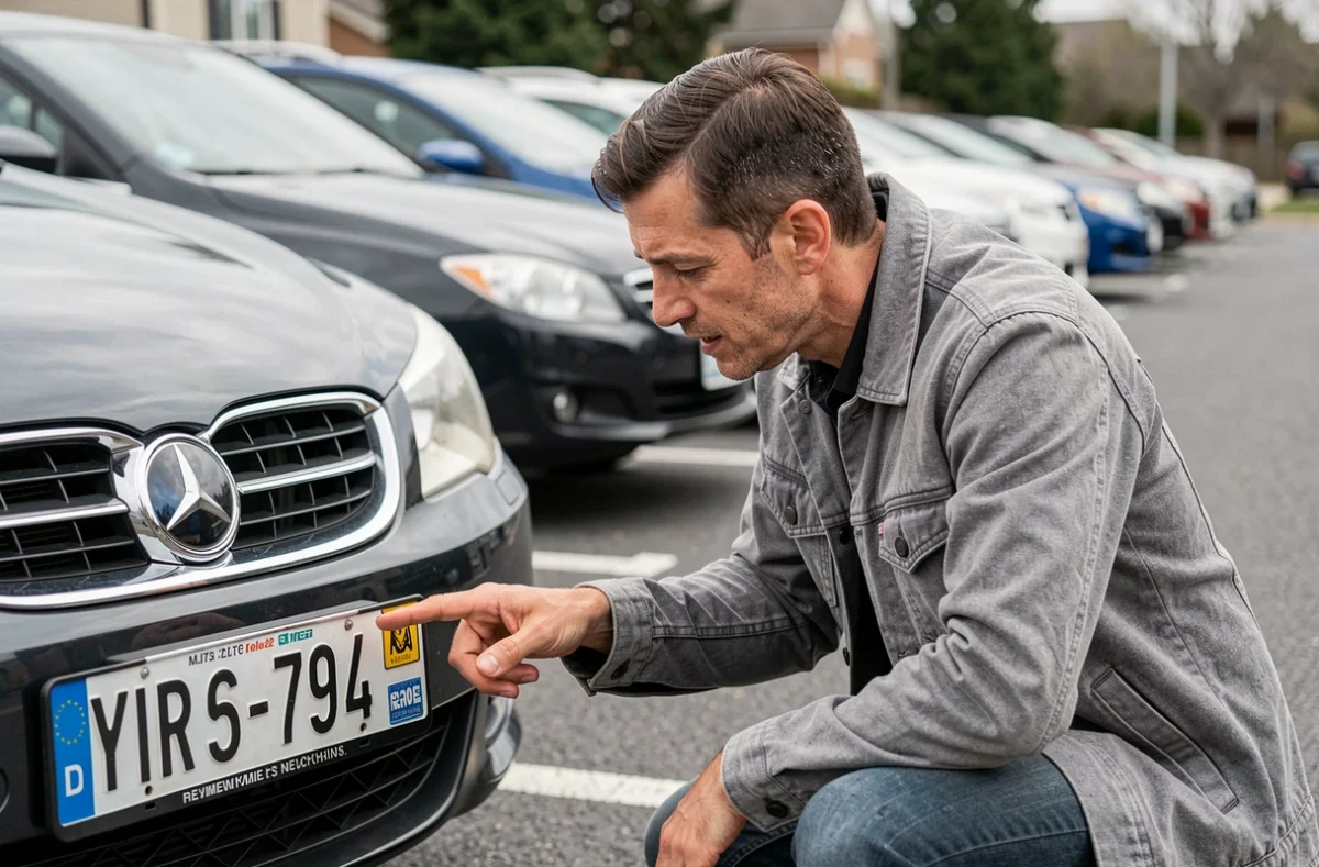 Homme examinant une plaque d'immatriculation de voiture dans un parking pour identifier l'année du véhicule