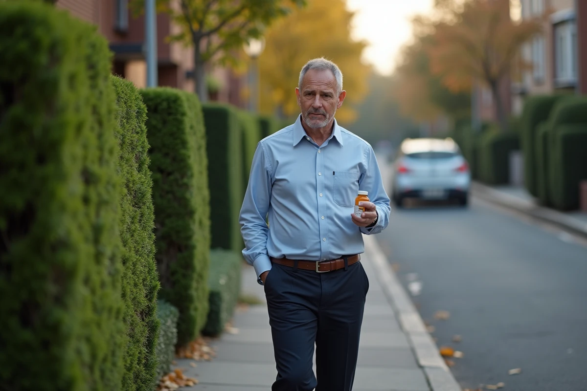 Homme pensif marchant dans une rue résidentielle