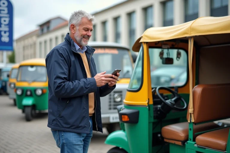Homme d'âge moyen avec tuk tuk devant concessionnaire