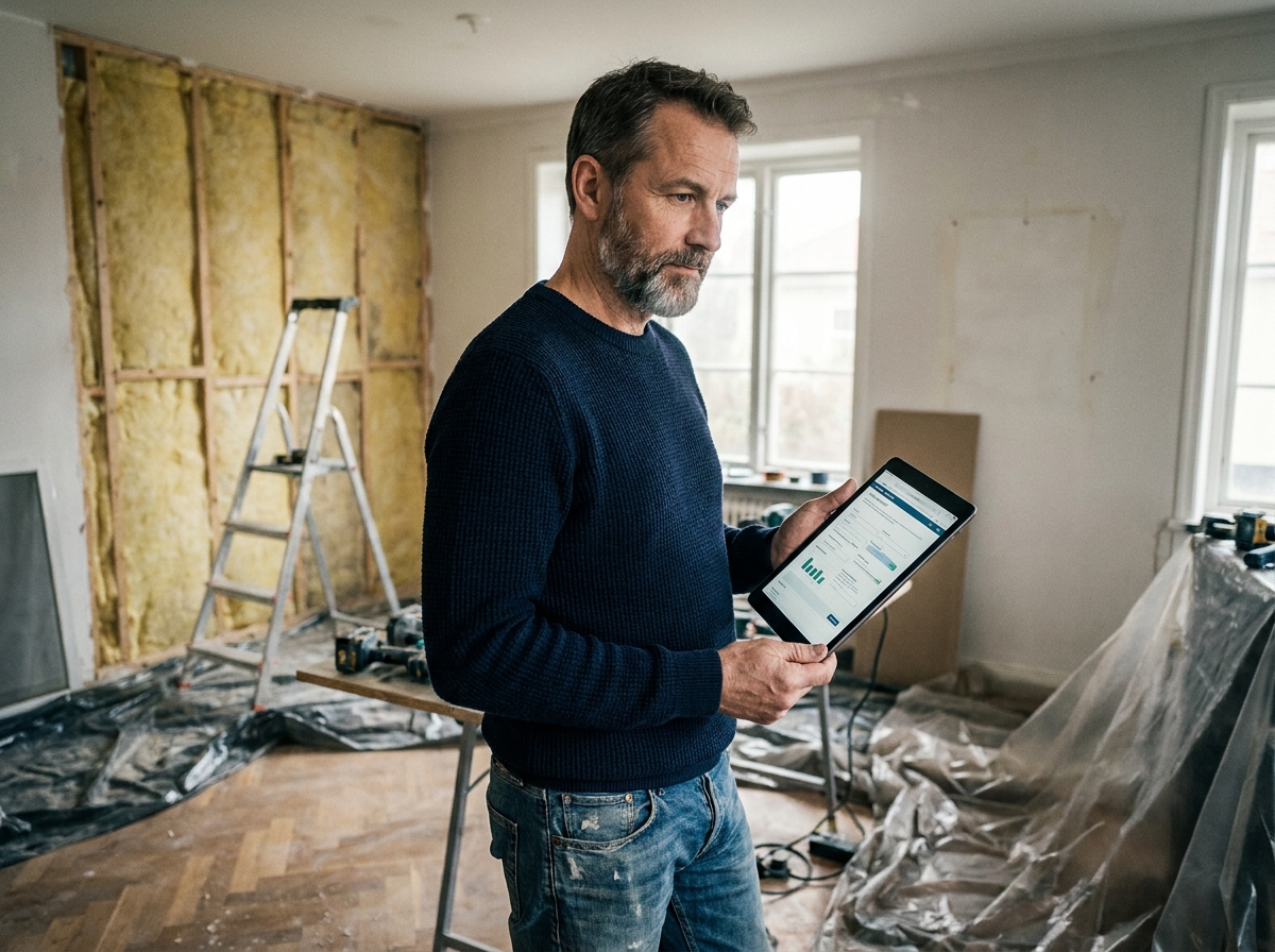 Homme consultant un simulateur prime renov sur tablette dans une pièce en cours de rénovation