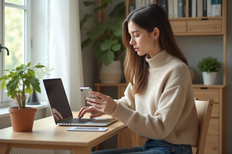 Jeune femme concentrée avec ordinateur et smartphone dans un salon lumineux