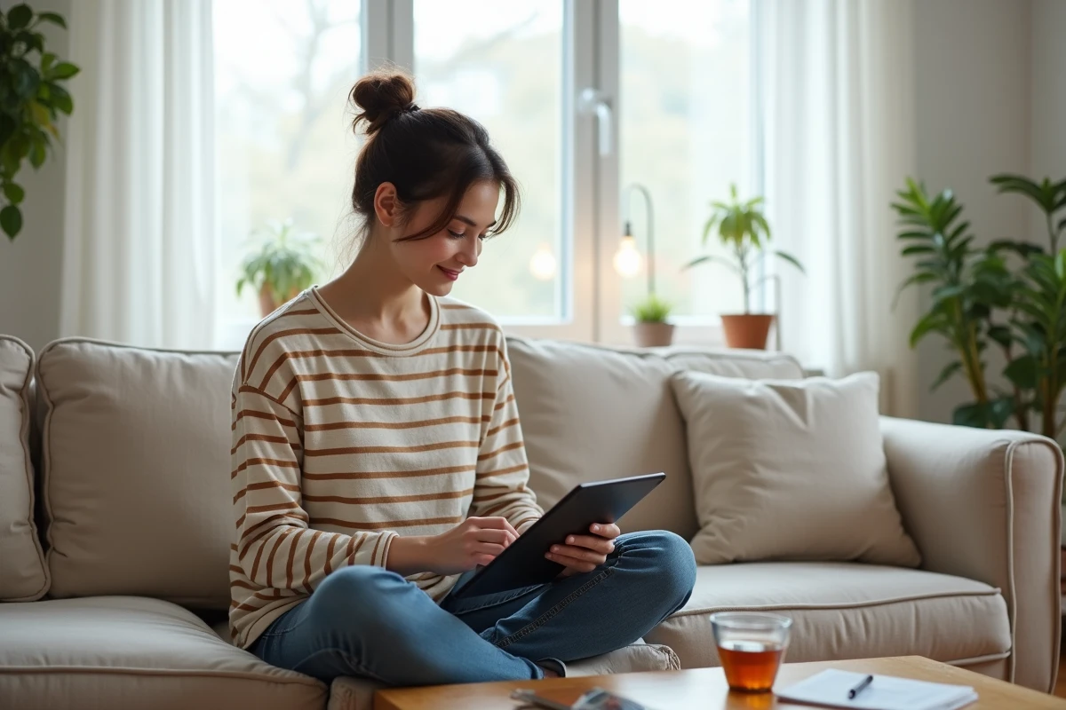 Jeune femme explorant un sitemap XML sur une tablette installée confortablement dans un salon cosy