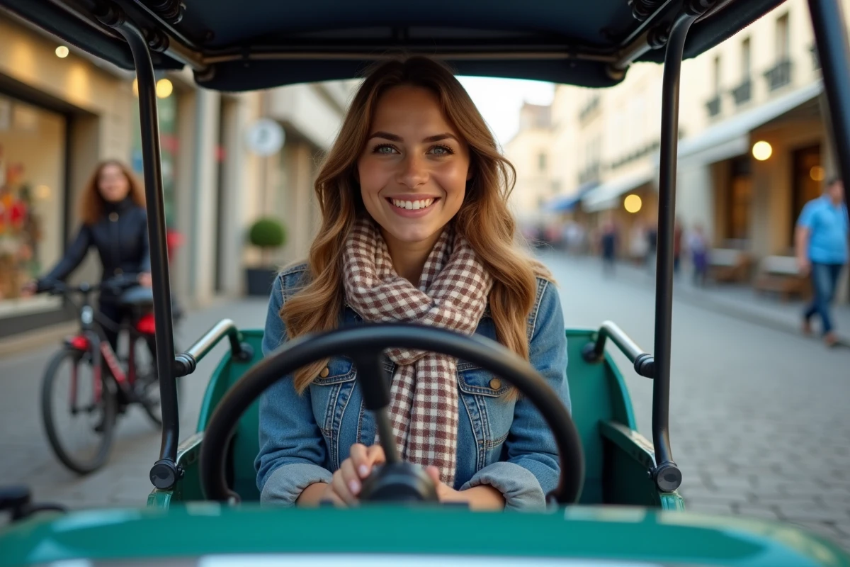 Jeune femme souriante dans un tuk tuk en ville