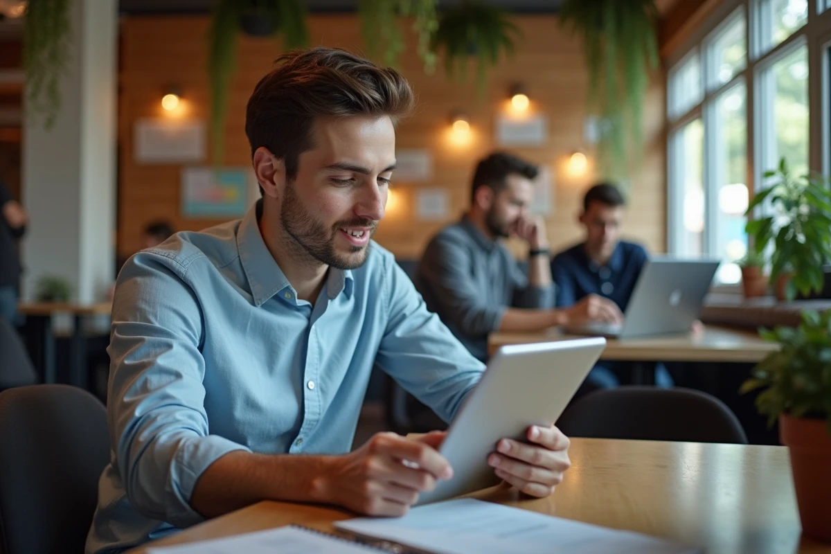 Jeune homme en coworking étudiant sur sa tablette