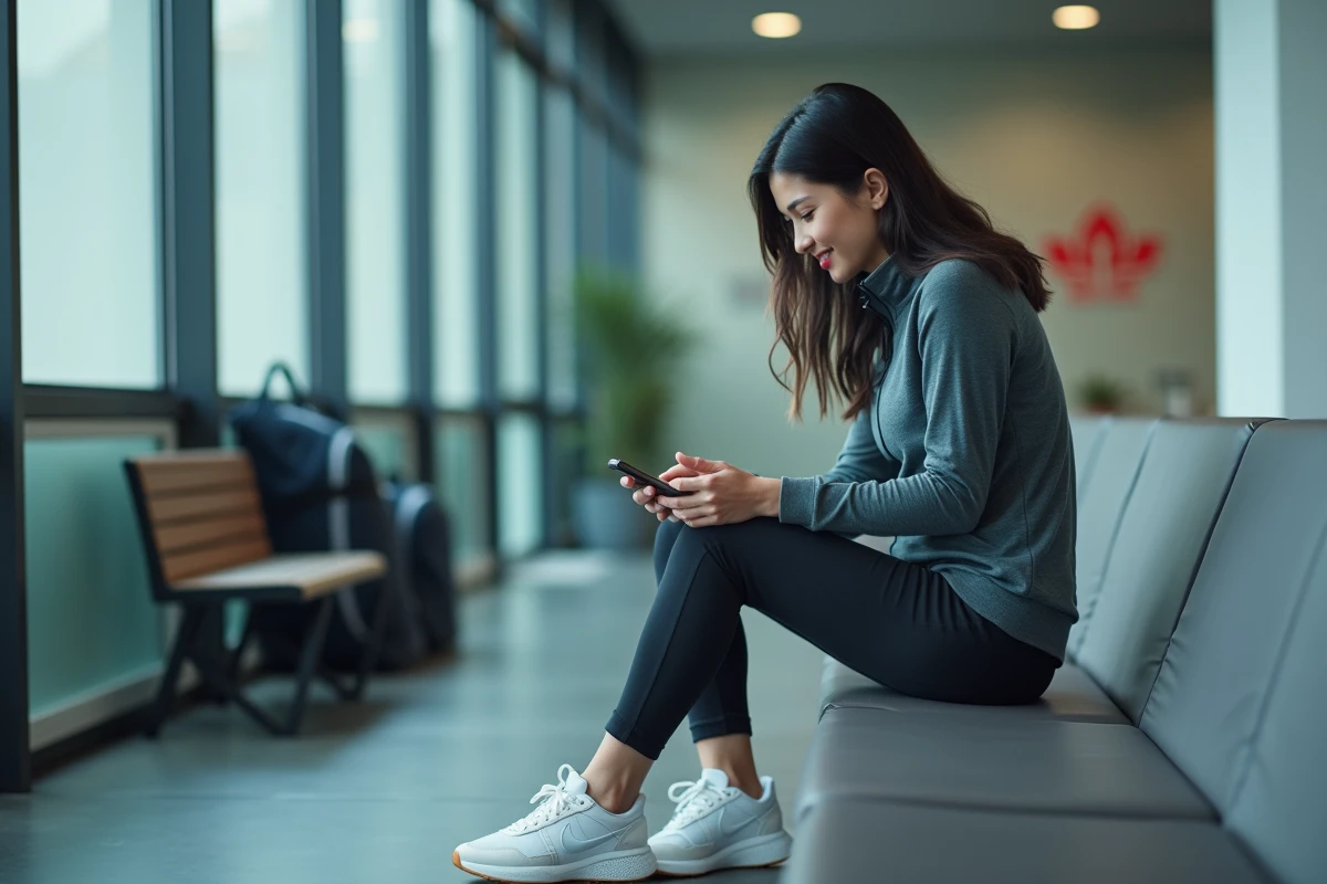 Joueuse de tennis souriante dans un club sportif moderne, évoquant la vie personnelle et amoureuse d'une athlète professionnelle