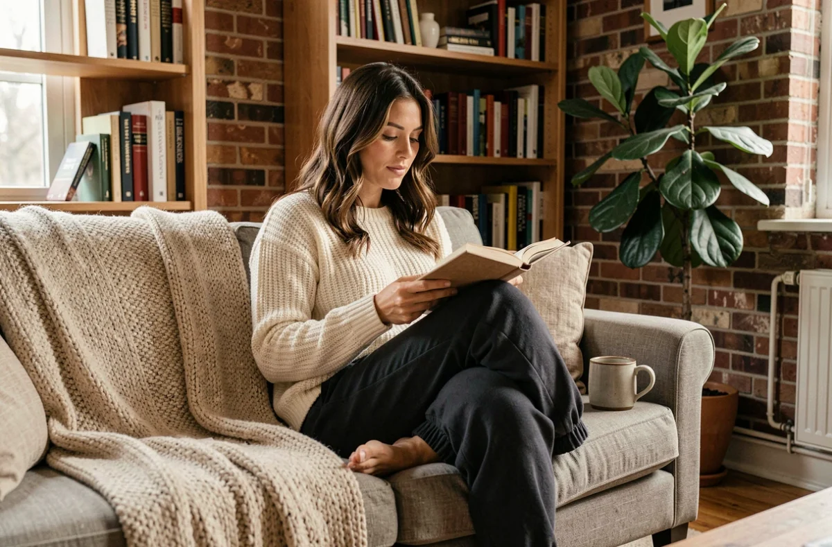 Femme lisant un livre sur un canapé confortable dans un salon chaleureux pour se détendre et améliorer son bien-être mental