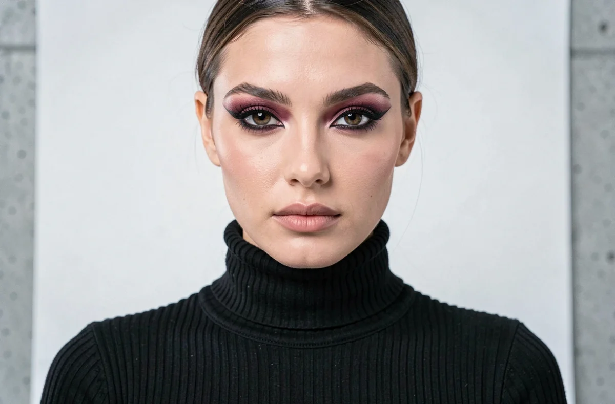 Portrait éditorial d'une femme avec un maquillage des yeux tendance, eyeliner graphique et fard à paupières bordeaux