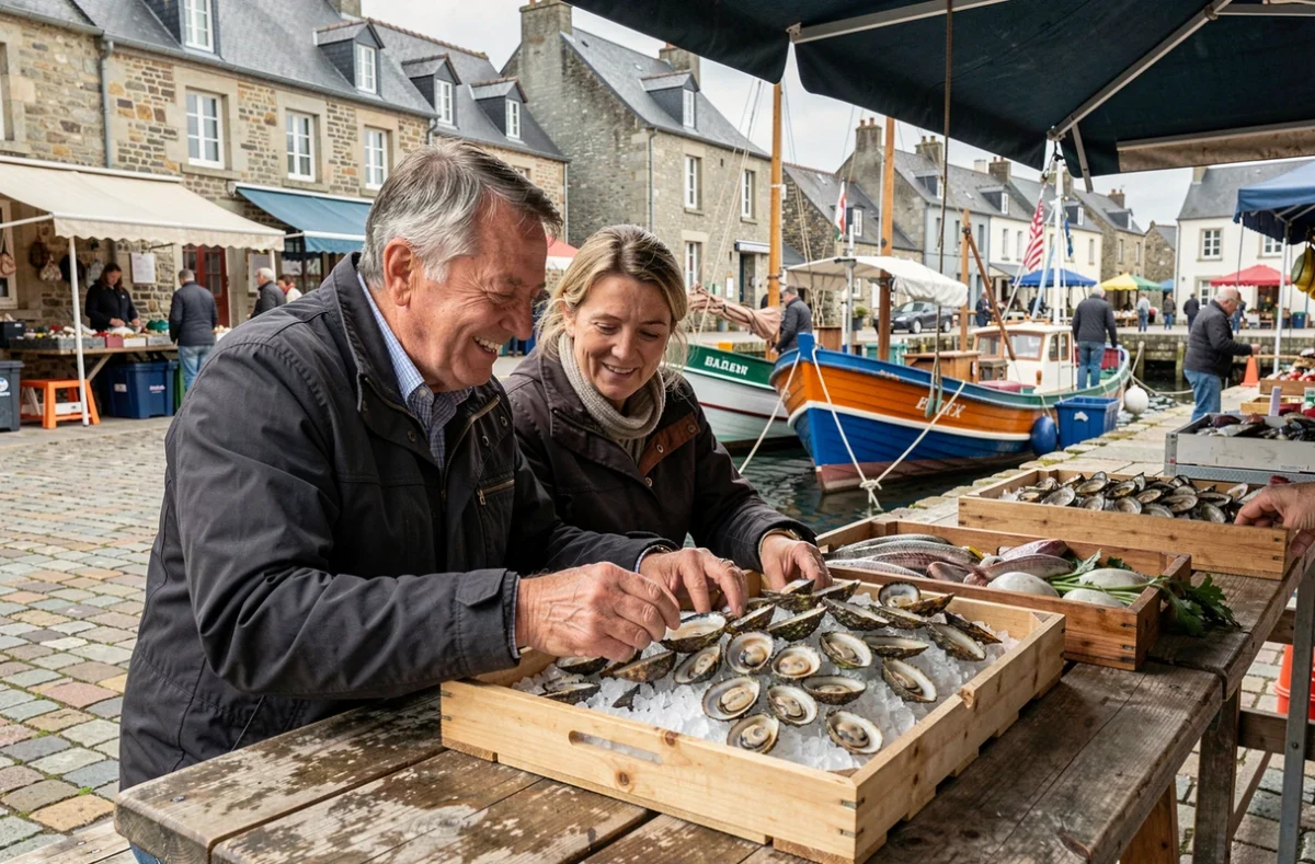Couple dégustant des huîtres fraîches sur un marché de bord de mer breton avec bateaux de pêche et maisons en pierre