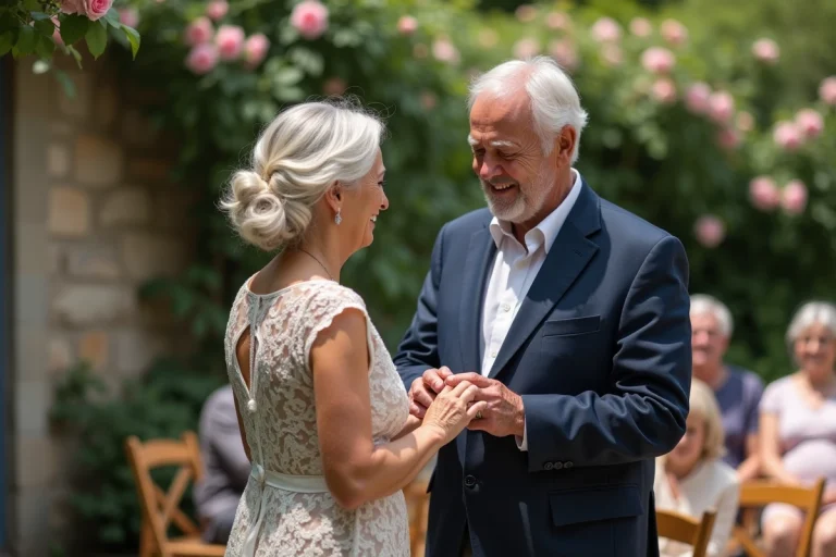 Couple de septuagénaires échangeant des alliances lors d'une cérémonie de mariage intime dans un jardin fleuri
