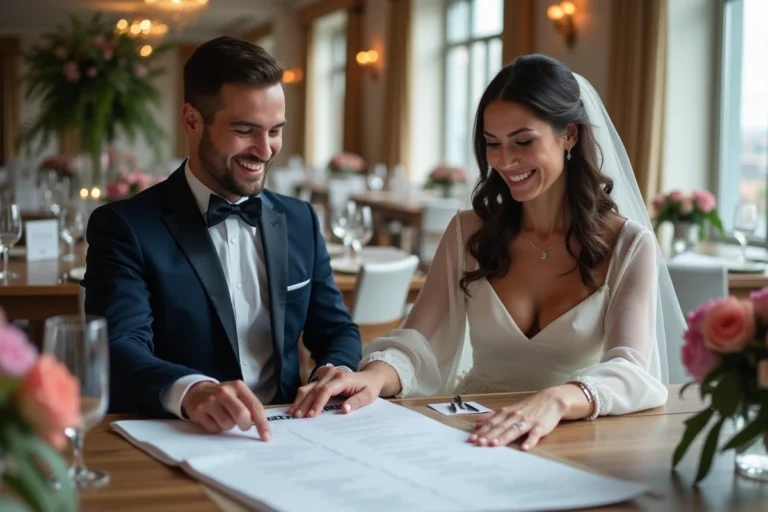 Jeune couple heureux planifiant leur mariage dans une salle élégante