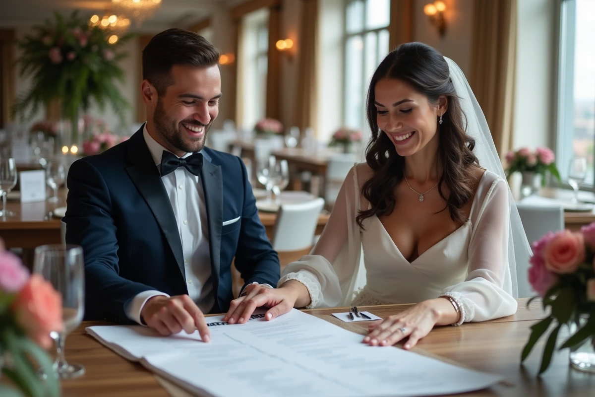 Jeune couple heureux planifiant leur mariage dans une salle élégante