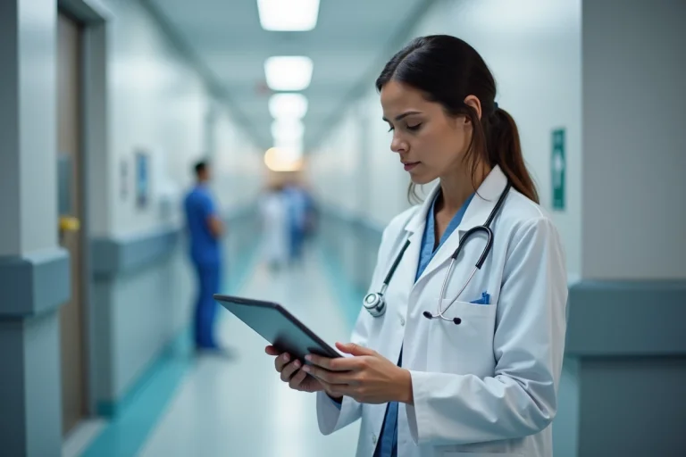 Médecin européenne consultant des données médicales sur tablette dans un couloir d'hôpital moderne, illustrant la connectivité numérique du réseau xpermd dans le secteur médical