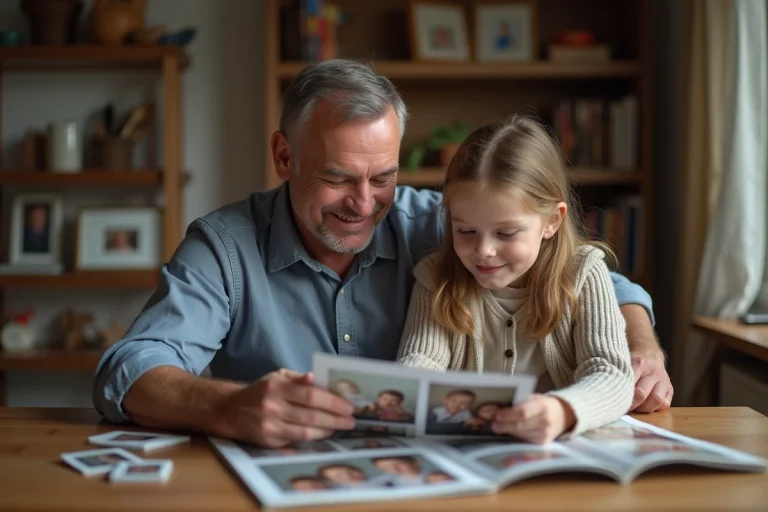 Homme et jeune fille regardant des photos en famille