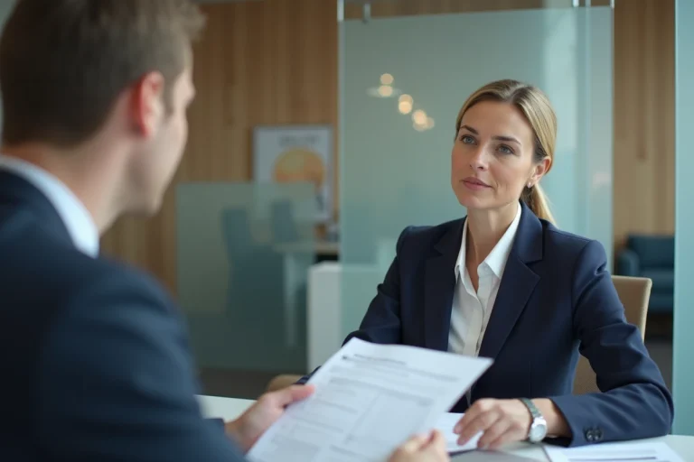Conseillère financière et cliente discutant d'un partenariat de financement à la consommation dans une agence bancaire moderne