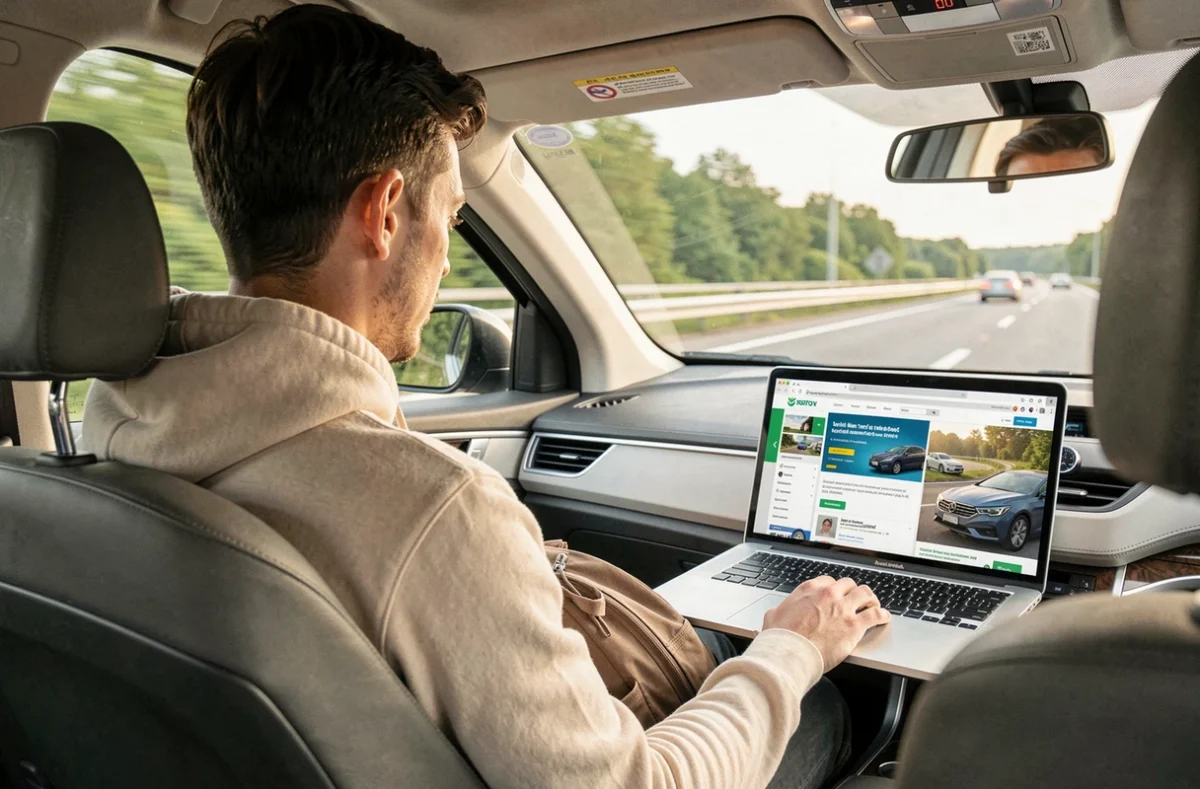 Jeune passager consultant un site de covoiturage sur ordinateur portable pendant un trajet en voiture