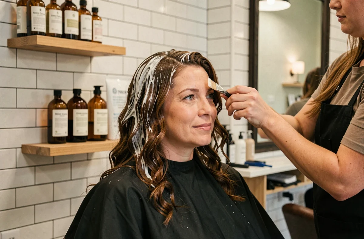 Femme aux cheveux ondulés recevant une permanente sans ammoniaque dans un salon de coiffure moderne