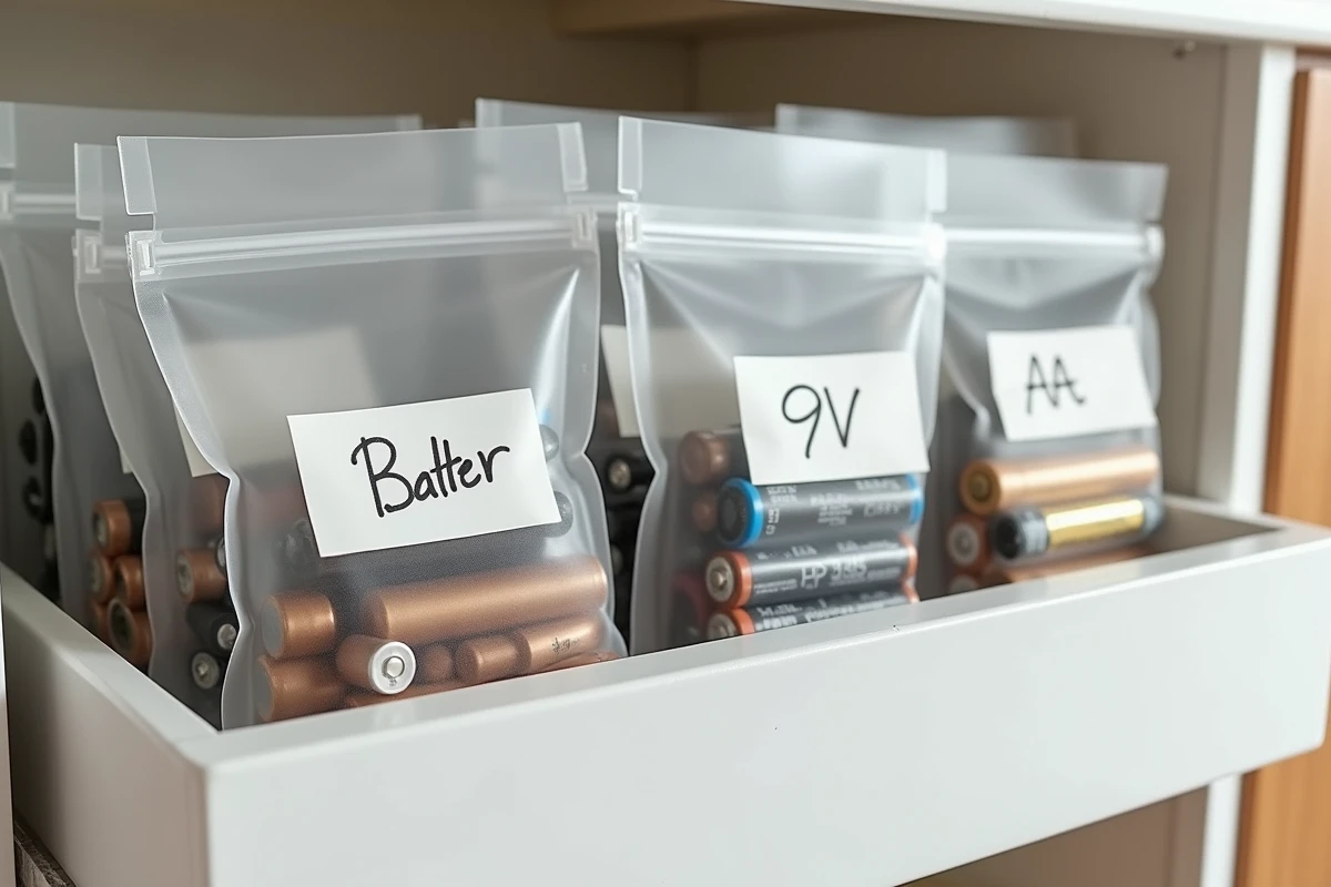 Différents types de piles séparées dans des sachets zip transparents étiquetés rangés sur une étagère blanche dans une cuisine