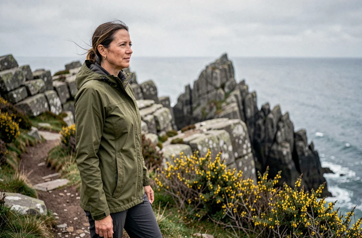 Femme en veste imperméable sur un sentier côtier breton avec vue sur l'Atlantique et rochers de granit