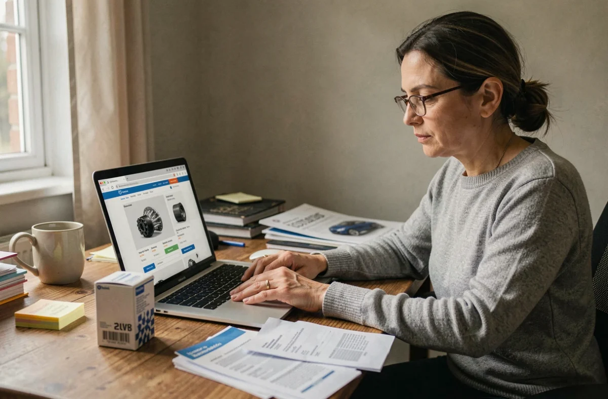 Femme recherchant des pièces détachées automobiles sur un site en ligne depuis son bureau à domicile