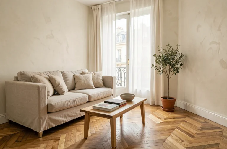 Salon d'appartement parisien mis en scène avec canapé en lin, parquet à chevrons et décoration minimaliste pour valoriser un bien immobilier avant la vente