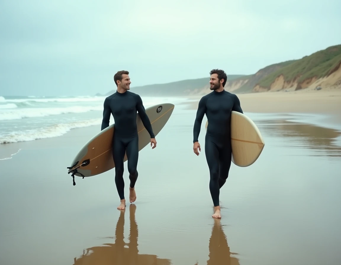 Deux surfeurs en combinaison néoprène portant leurs planches sur une plage de sable bretonne avec vagues en arrière-plan