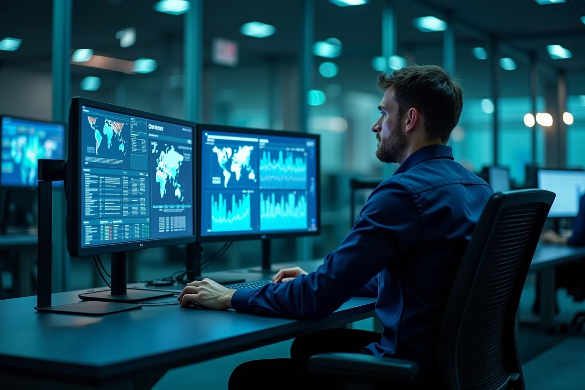 Technicien informatique médical analysant des tableaux de bord réseau dans un centre opérationnel de santé numérique européen, représentant l'infrastructure du réseau xpermd