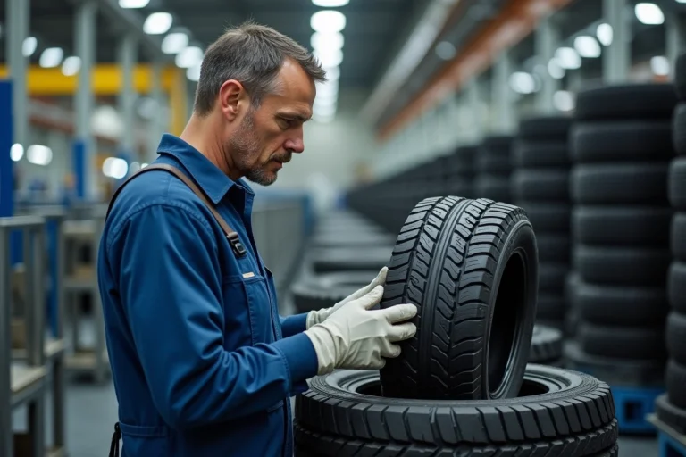 Technicien en usine inspectant un pneu neuf sur la ligne de production