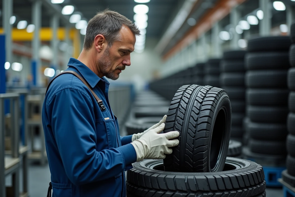 Technicien en usine inspectant un pneu neuf sur la ligne de production