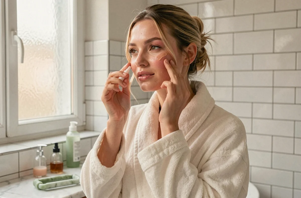 Jeune femme appliquant un sérum teinté dans une salle de bain parisienne minimaliste, entourée de produits de beauté tendance