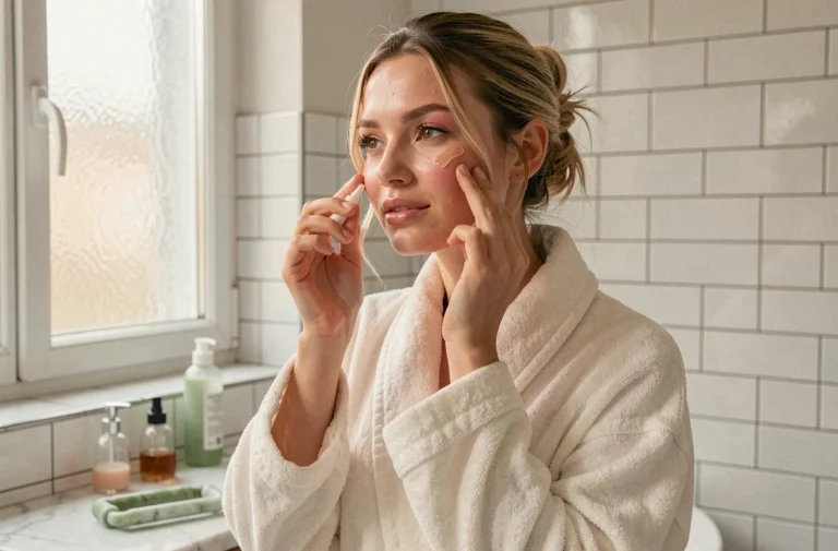 Jeune femme appliquant un sérum teinté dans une salle de bain parisienne minimaliste, entourée de produits de beauté tendance