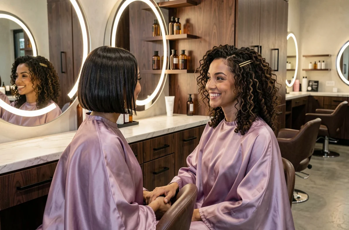 Deux femmes aux coiffures tendance dans un salon de beauté moderne, reflétées dans des miroirs ronds rétroéclairés