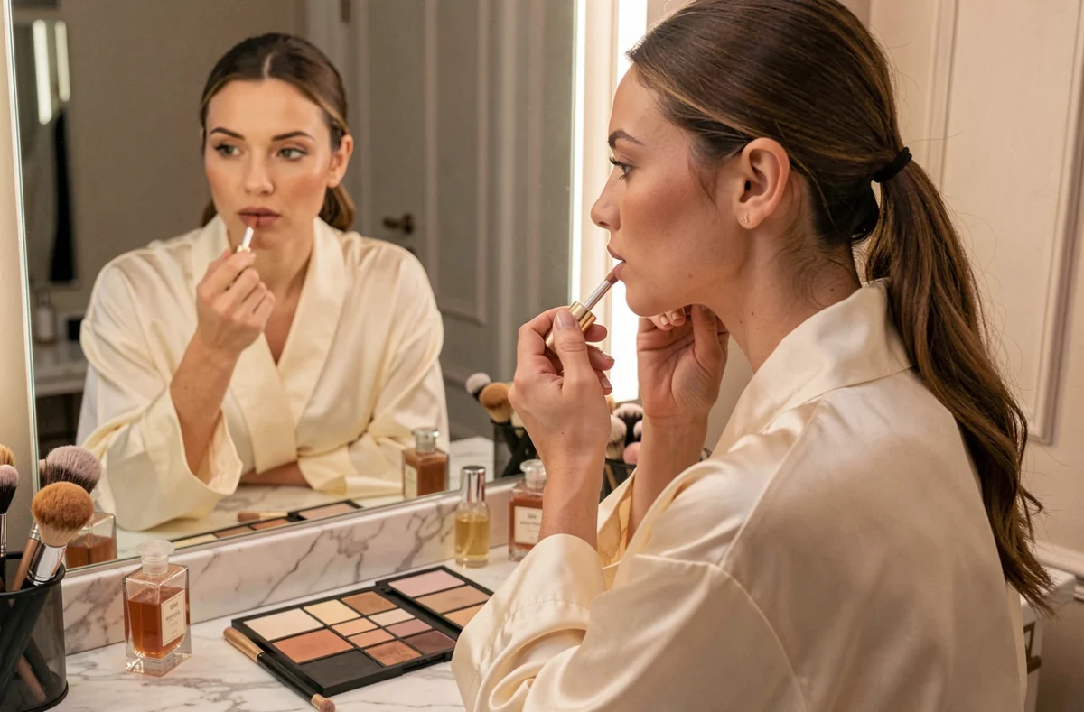 Femme appliquant un rouge à lèvres nude devant un miroir de coiffeuse avec des produits de maquillage tendance