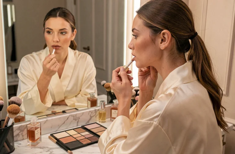 Femme appliquant un rouge à lèvres nude devant un miroir de coiffeuse avec des produits de maquillage tendance