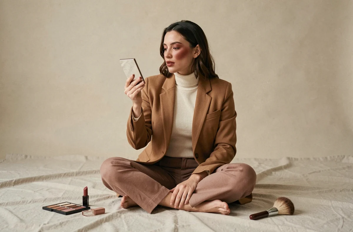 Femme testant un maquillage tendance terracotta avec palette et rouge à lèvres brique dans un studio photo épuré