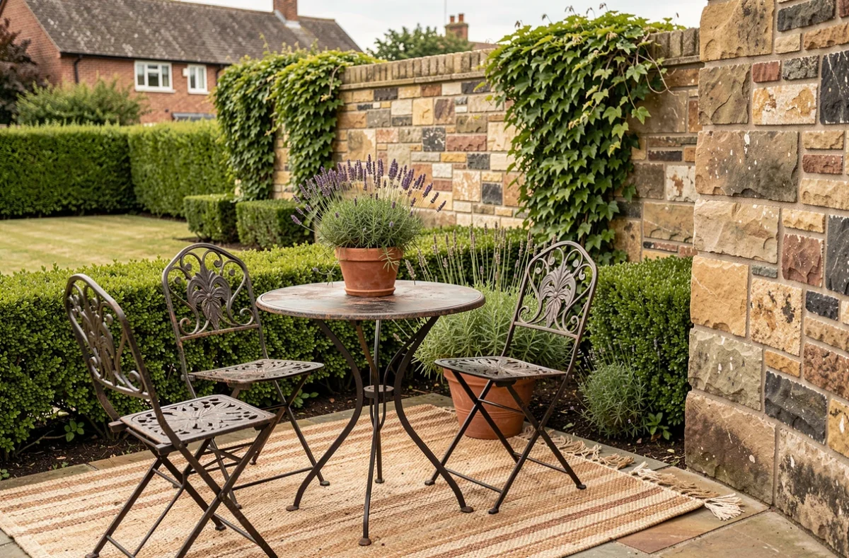 Terrasse extérieure d'une maison mise en vente avec mobilier bistrot en fer forgé, plantes en pot et jardin soigné pour valoriser le bien immobilier