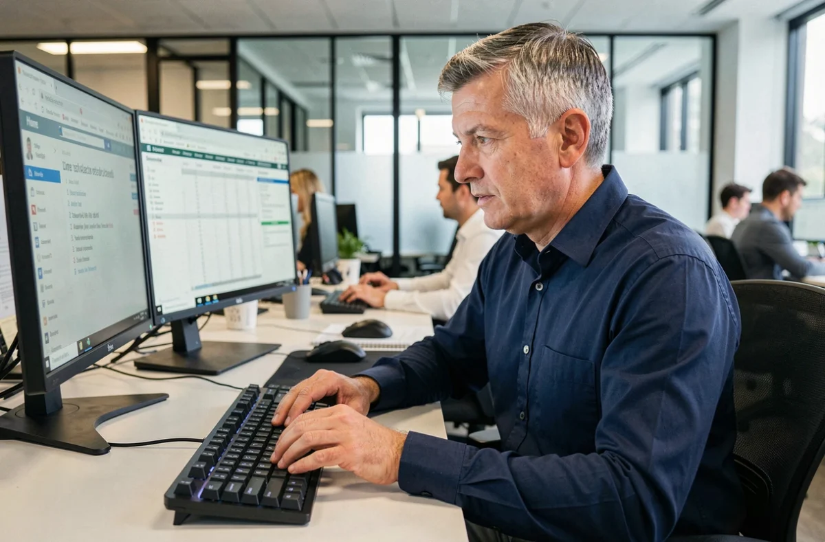 Homme utilisant la touche Home sur un clavier AZERTY mécanique dans un open space professionnel