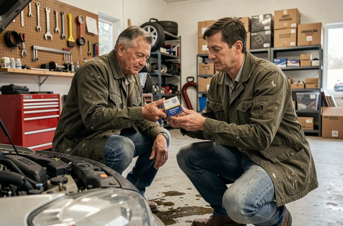 Homme comparant un filtre à huile neuf avec le moteur de sa voiture dans un garage privé